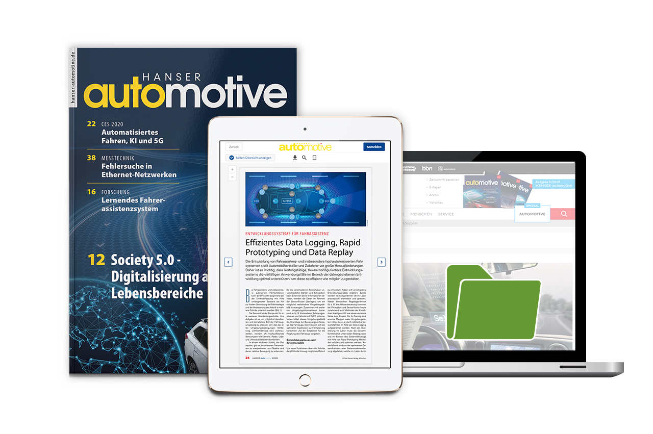 Print Magazin, ipad und Laptop mit Hanser automotive Inhalten.