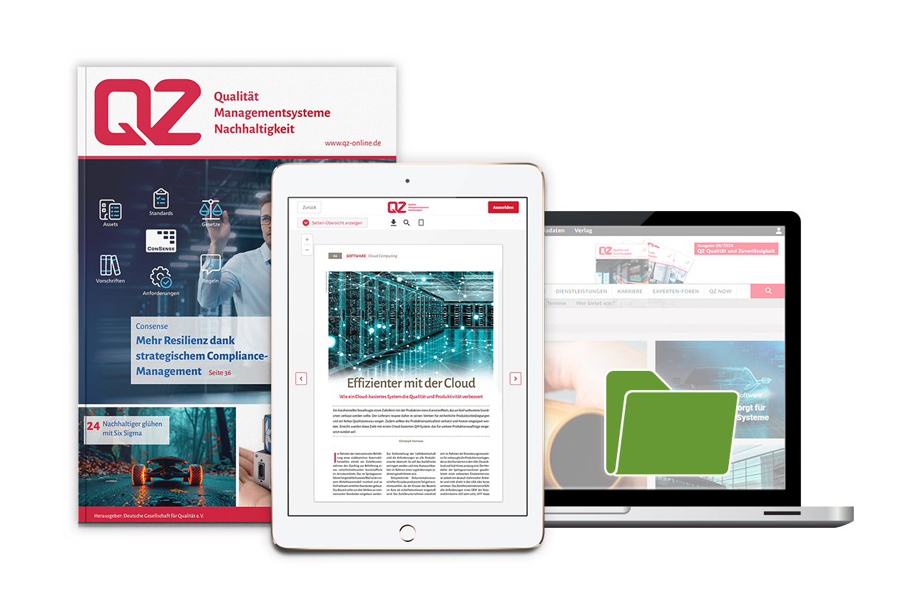 QZ Printmagazin, iPad mit QZ ePaper, Laptop mit QZ Digital Inhalten.