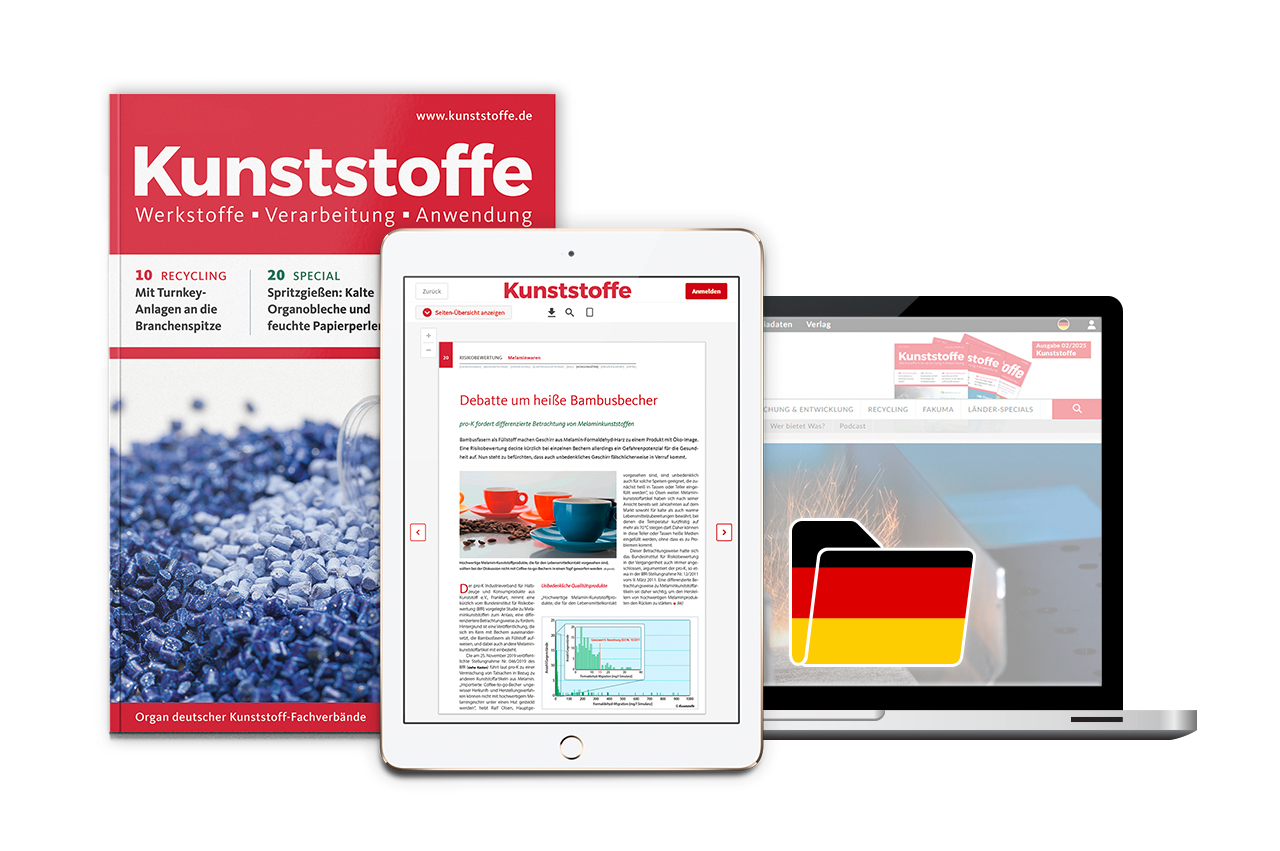 Kunststoffe Magazin, iPad mit ePaper und Laptop mit Digitalinhalten.