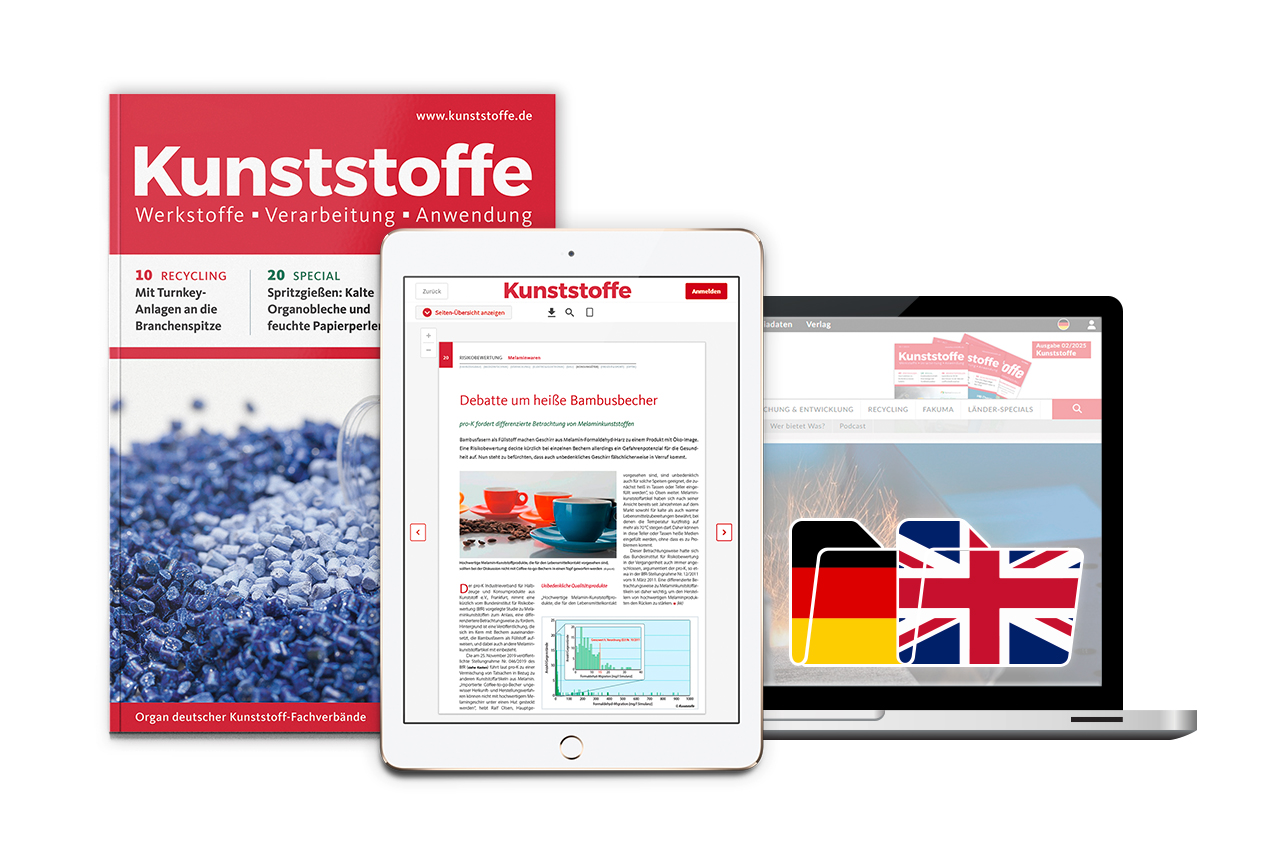 Kunststoffe Magazin, iPad mit ePaper und Laptop mit Digitalinhalten.